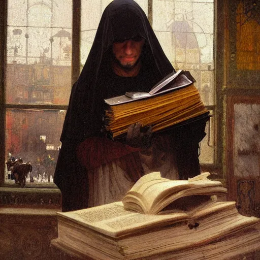 Prompt: half portait of magican wearing a closed cowl holding a big old book!, jeremy mann, jean leon gerome, alphonse mucha, greg rutkowski, hood covers his eyes, ( ( ruins of ancient rome ) ), at dusk, mysterious atmosphere, sunrays, chain around his wrist, dof, masterpiece, high detailed, 8 k