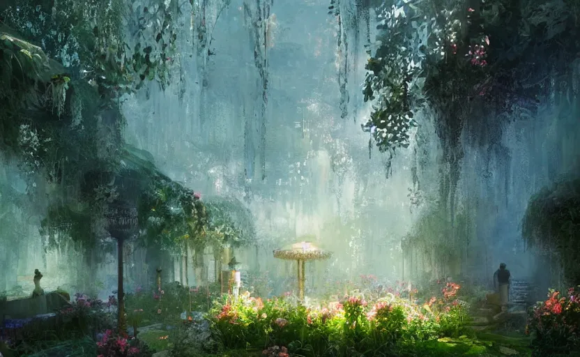 Image similar to Beautiful garden, next to a haven and a mystical palace, intricate, elegant, volumetric lighting, digital painting, highly detailed, artstation, sharp focus, illustration, concept art, ruan jia, steve mccurry
