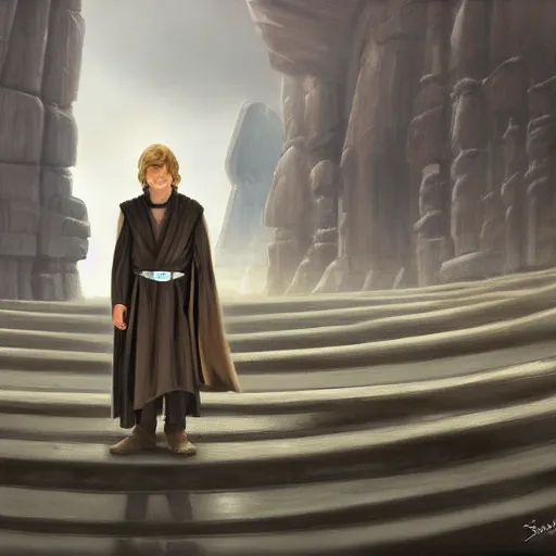 Prompt: anakin at the steps of the jedi temple, oil paint, concept art, art station, highly detailed, nighttime