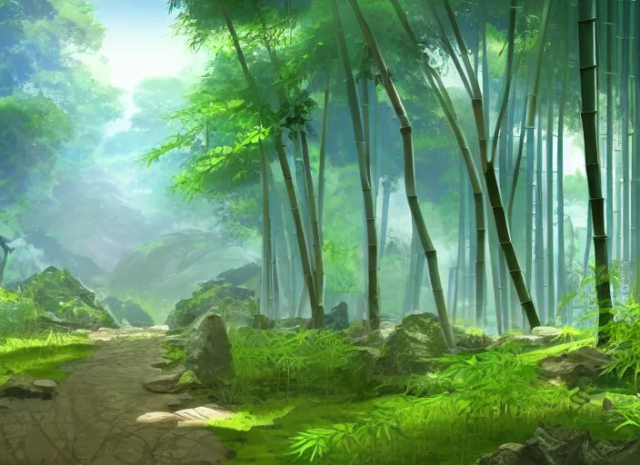 Image similar to deep in a japanese bamboo forest, ancient ruined temple in distance, sunny, cartoony, anime style, mid day, realistic lighting, by ghibli studio, arcane, wild rift, trending on artstation, 4 k, hd