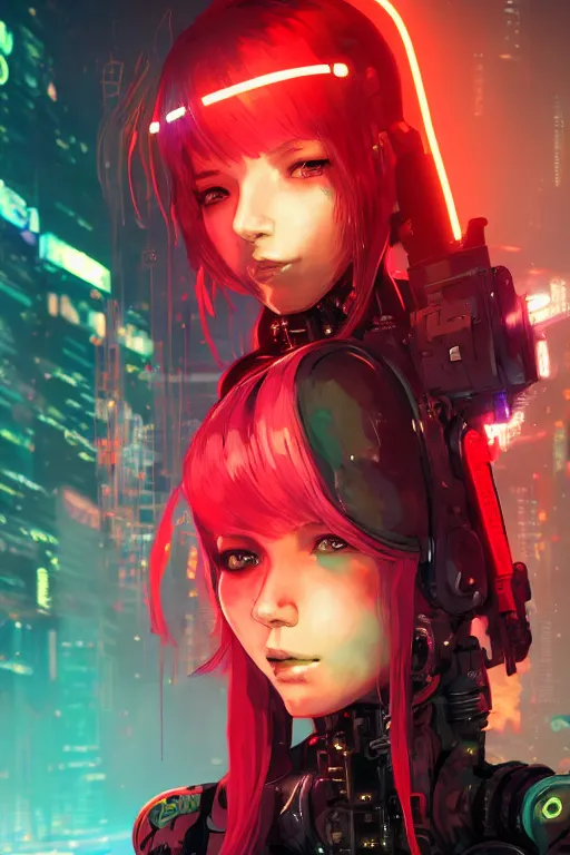 Prompt: highly detailed portrait of a young cyberpunk girl with a wavy vibrant red hair, neon cybernetic implants, cinematic lighting, dramatic atmosphere, by Dustin Nguyen, Akihiko Yoshida, Greg Tocchini, Greg Rutkowski, Cliff Chiang, 4k resolution, nier:automata inspired, bravely default inspired, cyberpunk background