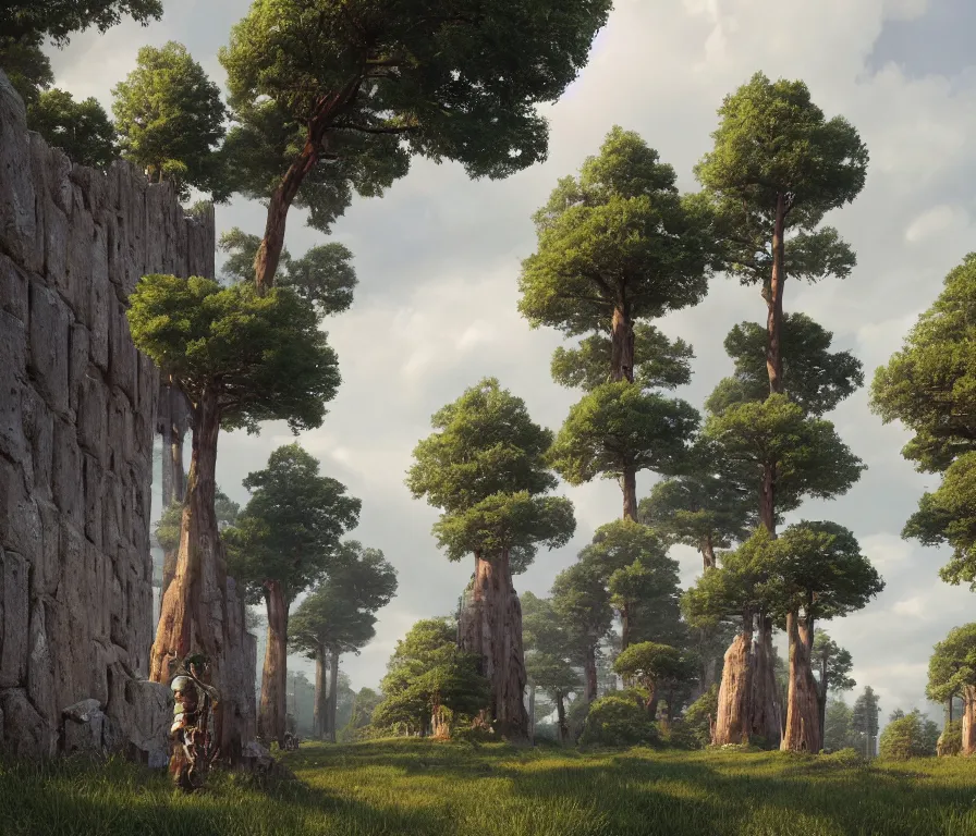 Image similar to a beautiful hyperrealistic detailed 3 d render of colossal golems guarding a wall of infinite pine trees, by roberto robert, anton otto fischer, atey ghailan, unreal engine, octane render, epic, 3 d, intricate, ultra wide, artstation, volumetric lighting, hdr, polished, micro details, ray tracing, 8 k