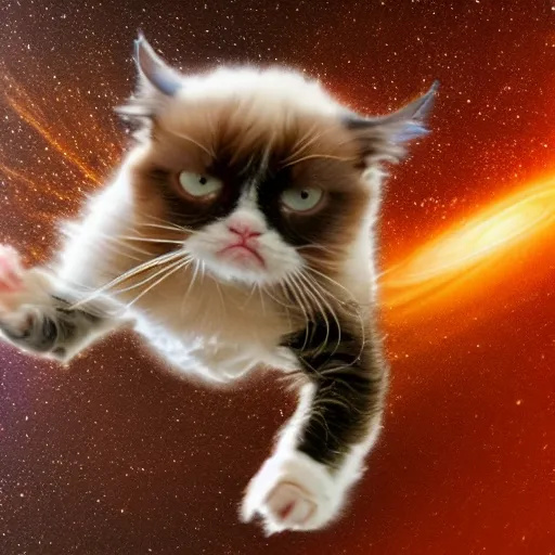 Prompt: photo of hyperspeed flying through outer space, blurry grumpy cat running fast with motion blur