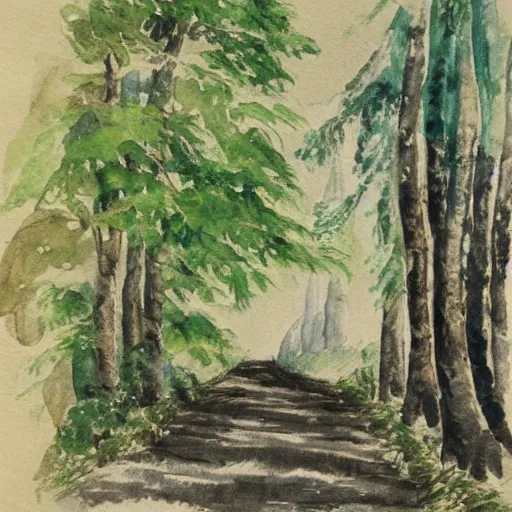 Image similar to sketch, landscape road in the forest to the village, watercolor