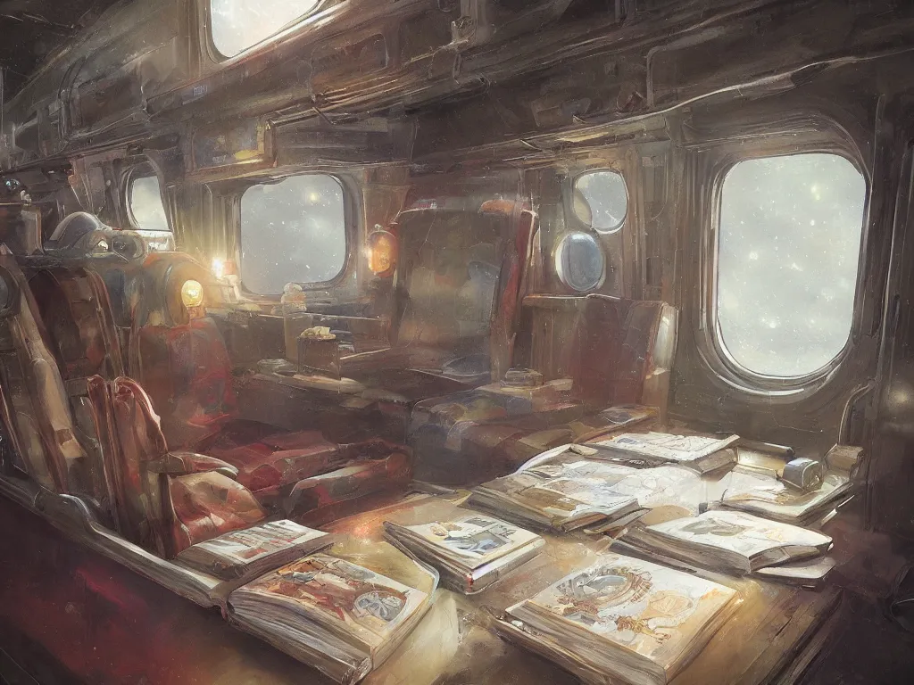 Prompt: detailed painting of a magical book laying open on the seat of a modern train car by Krenz Cushart, fantasy, dramatic light