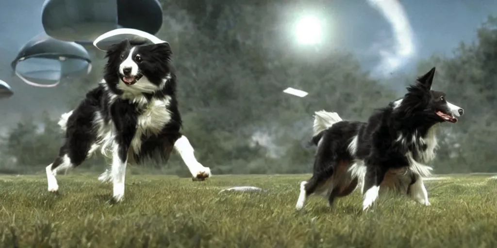 Image similar to border collie in robocop armor chasing flying saucers. Anime. Ultra-realistic.