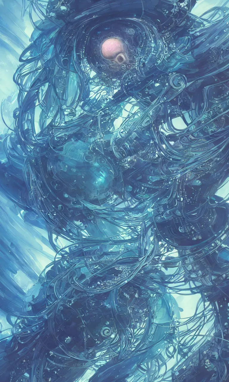 Prompt: hyper detailed painting of a cyberpunk jellyfish, blue tones, underwater, highly detailed, digital painting, artstation, concept art, smooth, sharp focus, illustration, art by artgerm and greg rutkowski and alphonse mucha