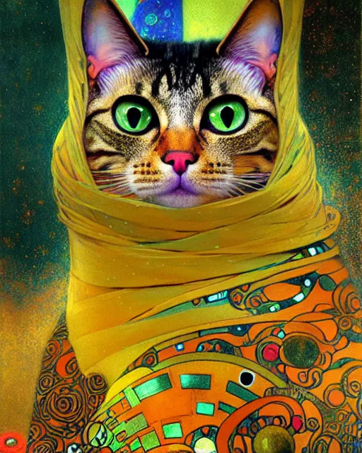 Image similar to futuristic cat portrait an oil painting splashes with many colors and shapes by gustav klimt greg rutkowski and alphonse mucha, polycount, generative art, psychedelic, fractalism, glitch art