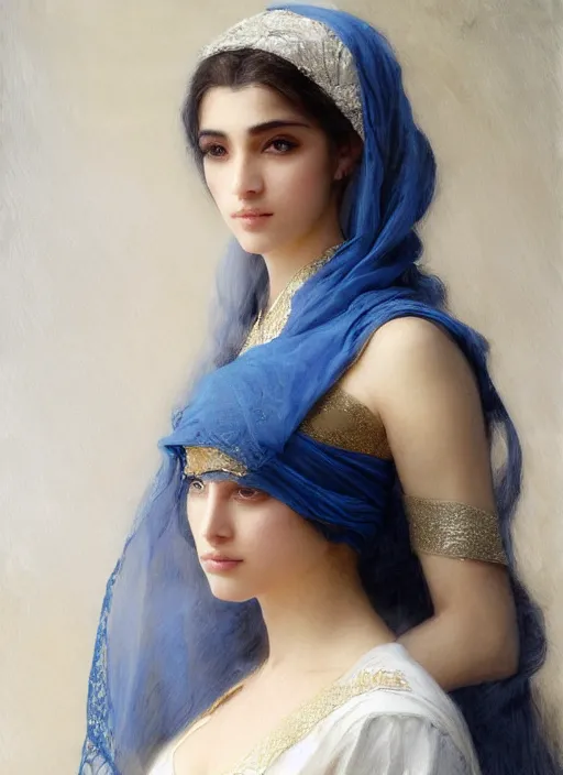 Prompt: arab Ameera al-Taweel, crystal blue eyes, wavy black hair, tanned skin, white veil, intricate, elegant, highly detailed, artstation, concept art, sharp focus, ruan jia, jurgens, orientalism, bouguereau