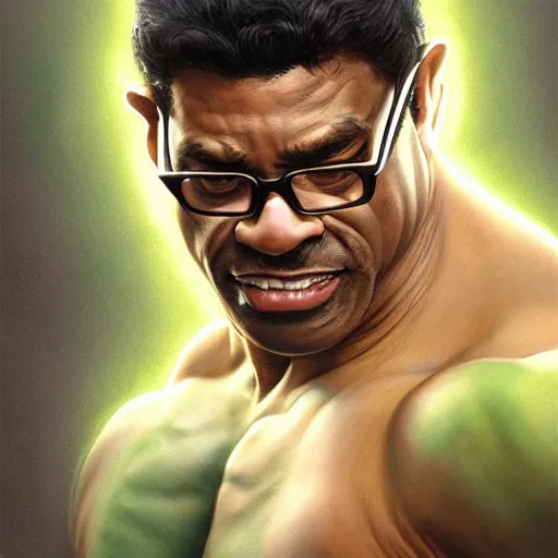 Image similar to ultra realistic illustration of steve urkle as the hulk, intricate, elegant, highly detailed, digital painting, artstation, concept art, smooth, sharp focus, illustration, art by artgerm and greg rutkowski and alphonse mucha