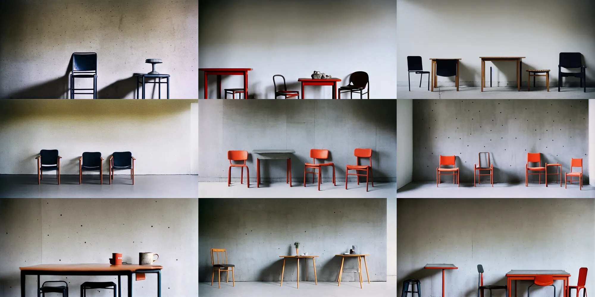 Prompt: kodak portra 4 0 0, 8 k, highly detailed, britt marling style, award winning colour still - life portrait of a rough concrete wall, square picture frame. a minimalistic 1 9 4 0 s table and a minimalistic 1 9 4 0 s chair on the floor, 1 9 2 0 s minimalism style, wide shot