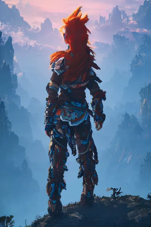 Image similar to combination suit armor aloy horizon forbidden west horizon zero dawn radiating a glowing aura global illumination ray tracing hdr fanart arstation by ian pesty and alena aenami artworks in 4 k tribal robot ninja mask helmet backpack