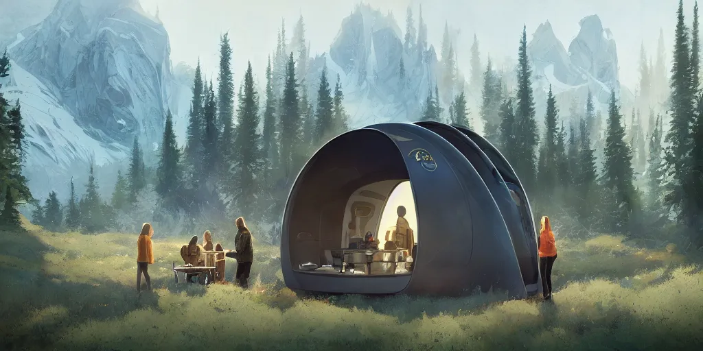 Image similar to cabela's beautiful comfortable futuristic pop up insulated all terrain family pod, cabin, modular, person in foreground, mountainous forested wilderness open fields, beautiful views, painterly concept art, joanna gaines, environmental concept art, farmhouse, magnolia, concept art illustration by ross tran, by james gurney, by craig mullins, by greg rutkowski trending on artstation