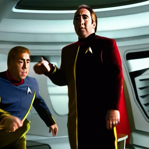 Image similar to a fat nic cage playing captain kirk in star trek, hd digital photography, movie still