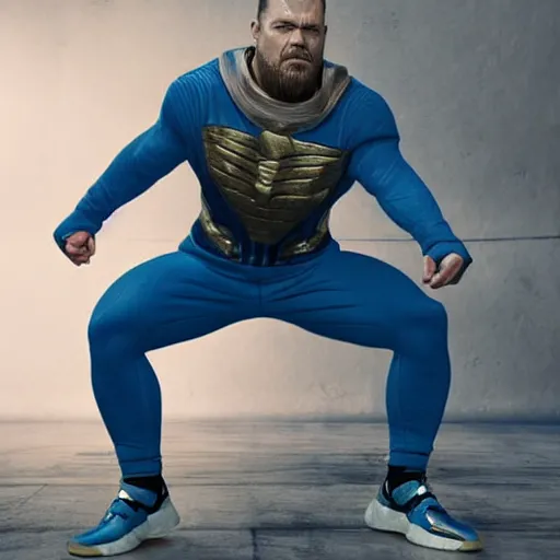 Image similar to russian squatting thanos in an adidas tracksuit