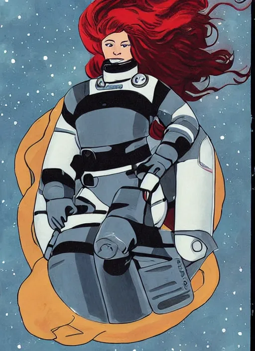 Image similar to a woman with red hair floating in space. she is an astronaut, she is wearing a space suit. well composed, clean elegant painting, beautiful detailed face. comic book art with heavy black outlines by mike mignola