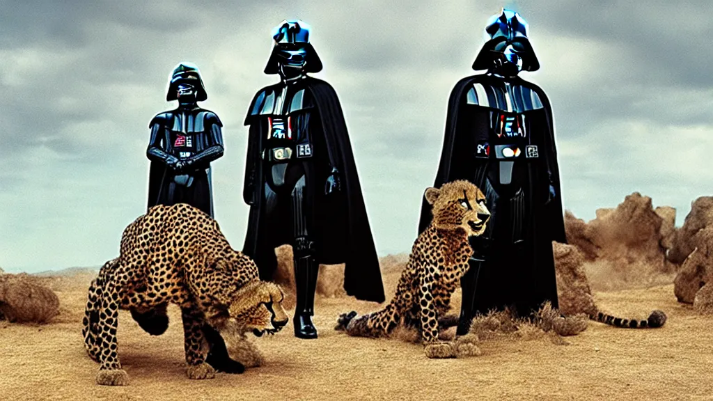 Image similar to Darth Vader wearing a cheetah print, film still from the movie directed by Denis Villeneuve with art direction by Salvador Dalí, wide lens