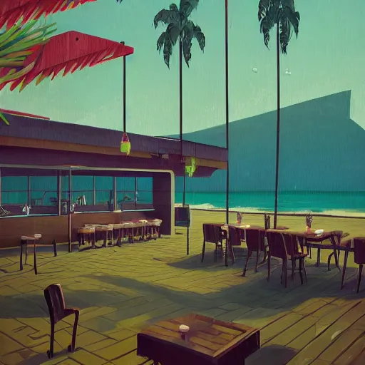 Image similar to inside restaurant at the beach with palm trees by simon stalenhag