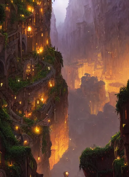 Image similar to medieval city built on terraces in a gigantic canyon, lots of buildings connected by bridges, waterfalls, warm glow coming the ground, lush vegetation, pitchblack sky, extremly detailed digital painting, in the style andreas rocha and greg rutkowski and peter mohrbacher, rim light, beautiful lighting, 8 k, stunning scene, octane, trending on artstation