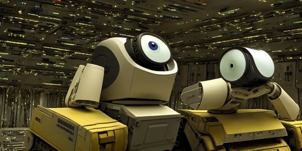 Prompt: wall - e in big server room high - detalysed shot from george lucas movie