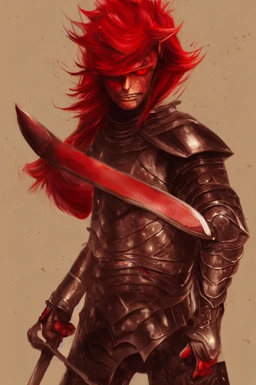 Prompt: a knight in red armour that's scaling, looking angry, one eye is red, scars on the face, long wavy red hair, male, with a black sword, artstation, in the style of Ami Thompson, digital, detailed