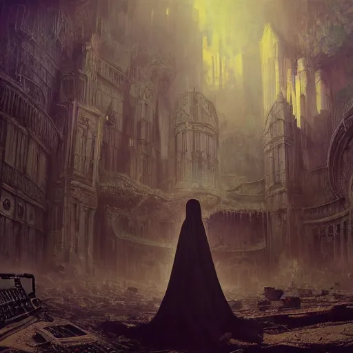 Image similar to a portrait of a young woman wearing a long dark cloak, performing on an various esoteric looking electronic music devices and an enormous modular synthesizer rig amidst the ruins of deserted and decaying city, oil painting, matte painting, Volumetric Golden dappled dynamic lighting, Highly Detailed, Cinematic Lighting, Unreal Engine, 8k, HD, by Beksinski