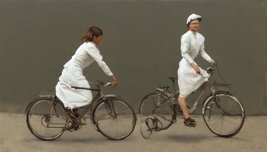 Image similar to painting by borremans, young woman riding a bike, detailed, stunning