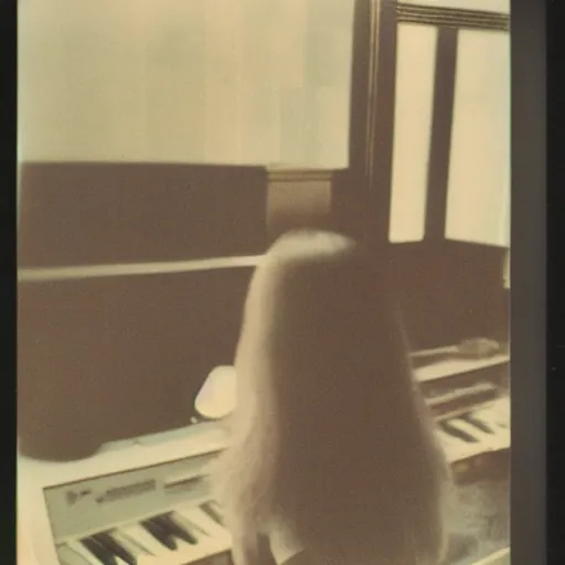 Image similar to 1 9 7 0 s polaroid of a female japanese musician playing a vintage synthesizer, hazy, faded