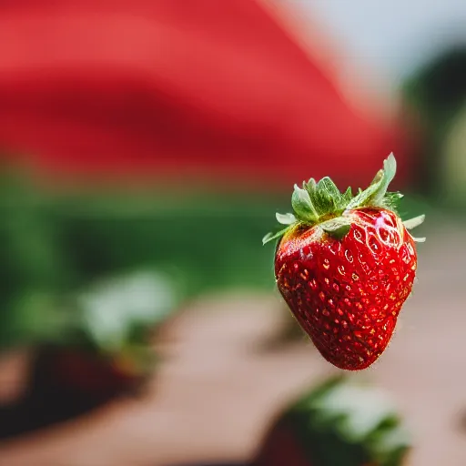 Image similar to high quality presentation photo of a strawberry painted in gold, photography 4k, f1.8 anamorphic, bokeh, 4k, Canon, Nikon