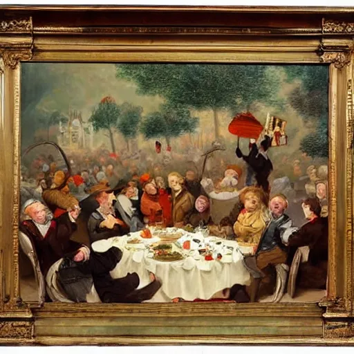 Image similar to a giant worm disrupting a tea party in england, painting, beautiful art,