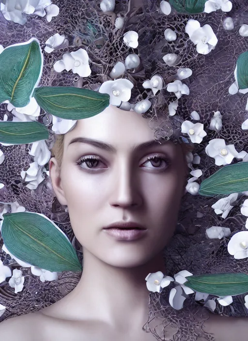 Prompt: dreamt in 2 3. 7 7 s for @ abdu's! dream complex intricate 3 d render hyper detailed ultra sharp of a cyborg beautiful porcelain smooth woman portrait with big leaves and stems in her hair, white magnolia, overgrown foliage, fungi pores mesh, white ornate armor, vincent callebaut, swirling smoke, white background, octane, 8 k,