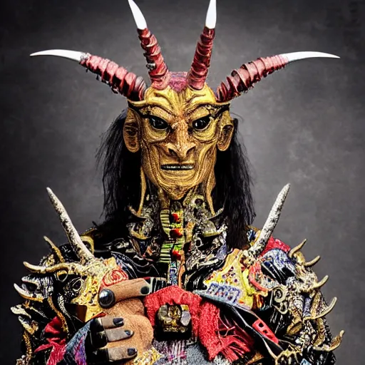 Prompt: uhd candid photo of the robot devil wearing bizarre emperor costume, intricate attire. photo by annie leibowitz