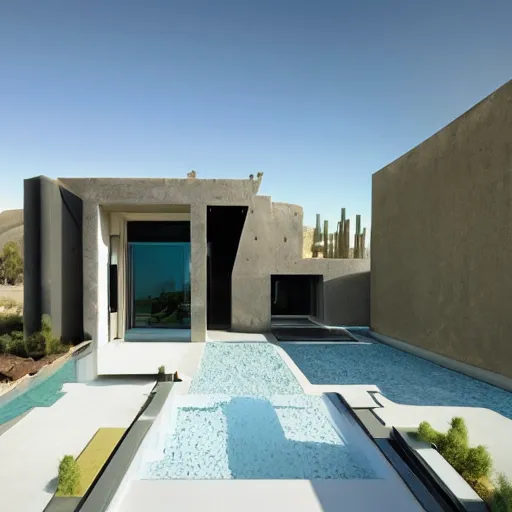 Image similar to brutalism conceptual house in the desert, biophilia mood, pool, garden, highly detailed, cinematic, photorealistic,