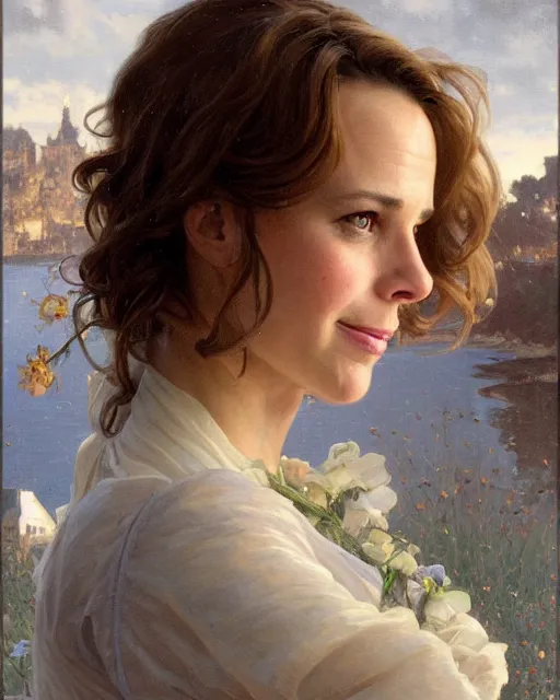 Image similar to a portrait painting of rachel lane / sabrina lloyd / perdita weeks / rachel mcadams / nicole de boer hybrid oil painting, gentle expression, smiling, elegant clothing, scenic background, extremely detailed and lifelike, artgerm, greg rutkowski, alphonse mucha, vladimir volegov, adolphe bouguereaum, jason edmiston