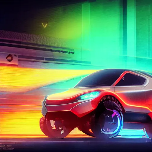 Prompt: An ultra high-resolution 8K full-canvas scan of a futuristic SUV with neon lights, fine art, trending, featured, 8k, photorealistic, dynamic, energetic, lively perspective, well-designed masterpiece, hyper detailed, unreal engine 5, IMAX quality, cinematic, epic lighting, light and shadow, ocean caustics, digital painting overlaid with aizome patterns, by Ohara Koson and Thomas Kinkade, traditional Japanese colors, superior quality