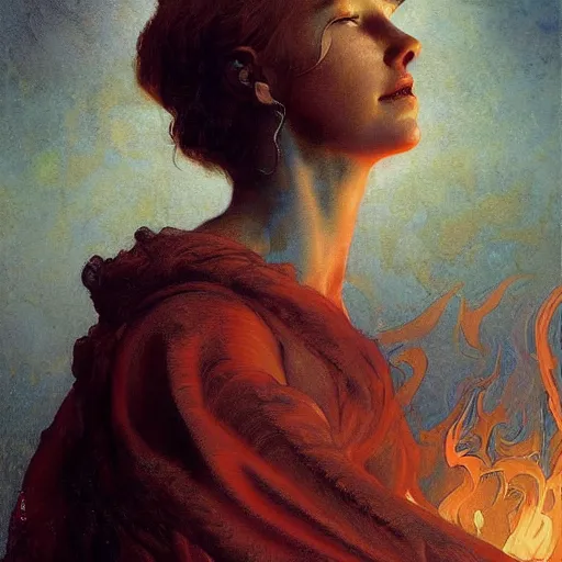 Image similar to a masterpiece full body portrait a beautiful Beatrice in Dante\'s inferno, beautiful face, flawless skin, flames and smoke in background, by Edgar Maxence and Ross Tran and Michael Whelan