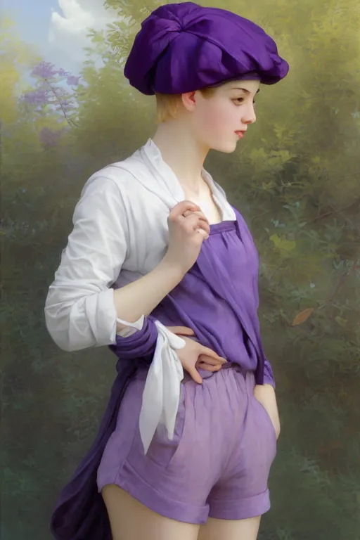 Image similar to Full View girl with short blond hair wearing an oversized purple Beret, Baggy Purple overall shorts, Short Puffy pants made of silk, silk shoes, a big billowy scarf, Golden Ribbon, and white leggings Covered in stars. Short Hair. masterpiece 4k digital illustration by Ruan Jia and Mandy Jurgens and Artgerm and william-adolphe bouguereau, award winning, Artstation, art nouveau aesthetic, Alphonse Mucha background, intricate details, realistic, panoramic view, Hyperdetailed, 8k resolution, intricate art nouveau