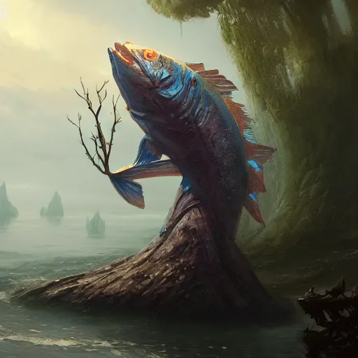 Image similar to a tree in the shape of a fish, in a sea, by greg rutkowski, trending on art station, highly detailed, magic the gathering, matte painting