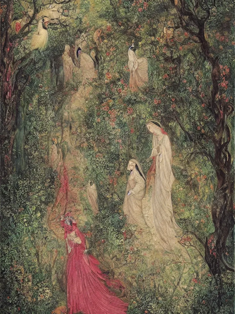 Prompt: a robe clad woman is seen walking through a forest, a bird is following, they are being watched, detailed painting in the style of Persian artist Mahmoud Farshchian