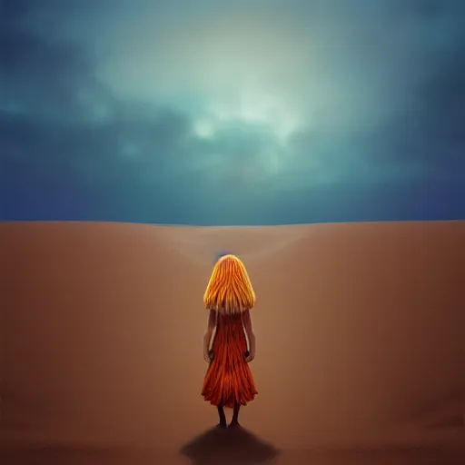 Prompt: closeup giant dahlia flower floating head, a girl walking between dunes, surreal photography, sunrise, blue sky, dramatic light, impressionist painting, digital painting, artstation, simon stalenhag