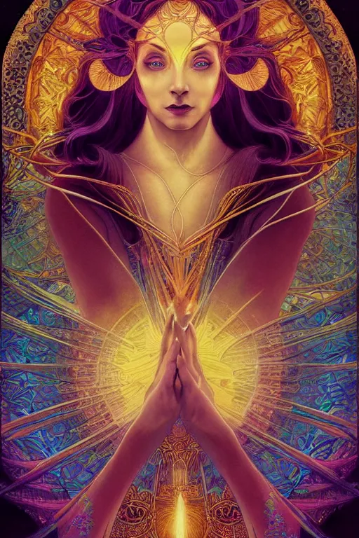 Image similar to portrait of a beautiful sorceress by artgerm, mandala, vivid color, complementary color, golden ratio, detailed, sharp lines, sharp focus, intricate, rainbowshift, by maxfield parrish, by peter mohrbacher, by gustave dore, by alphonse mucha, deviantart, octane render