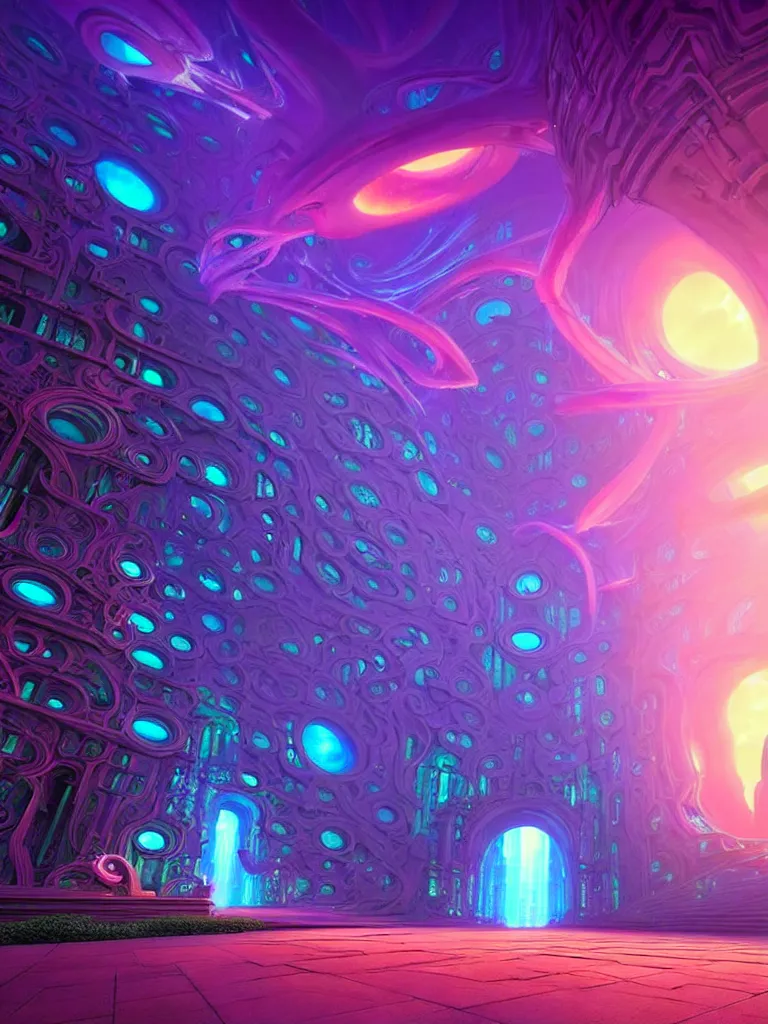 Prompt: entrance to ethereal realm, matrix enlightenment, rendered in unreal engine, central composition, symmetrical composition, dreamy colorful cyberpunk colors, 6 point perspective, fantasy landscape with anthropomorphic!!! terrain!!! in the styles of igor morski, jim warren and rob gonsalves, intricate, hyperrealistic, volumetric lighting, neon ambiance, distinct horizon