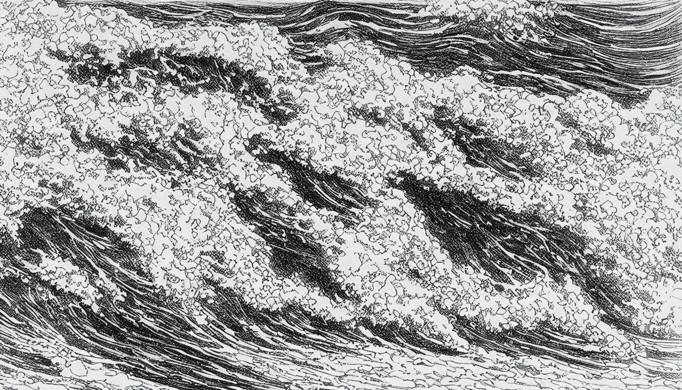 Prompt: huge waves far out at sea drawing by Moebius, minimalist, detailed, black and white drawing