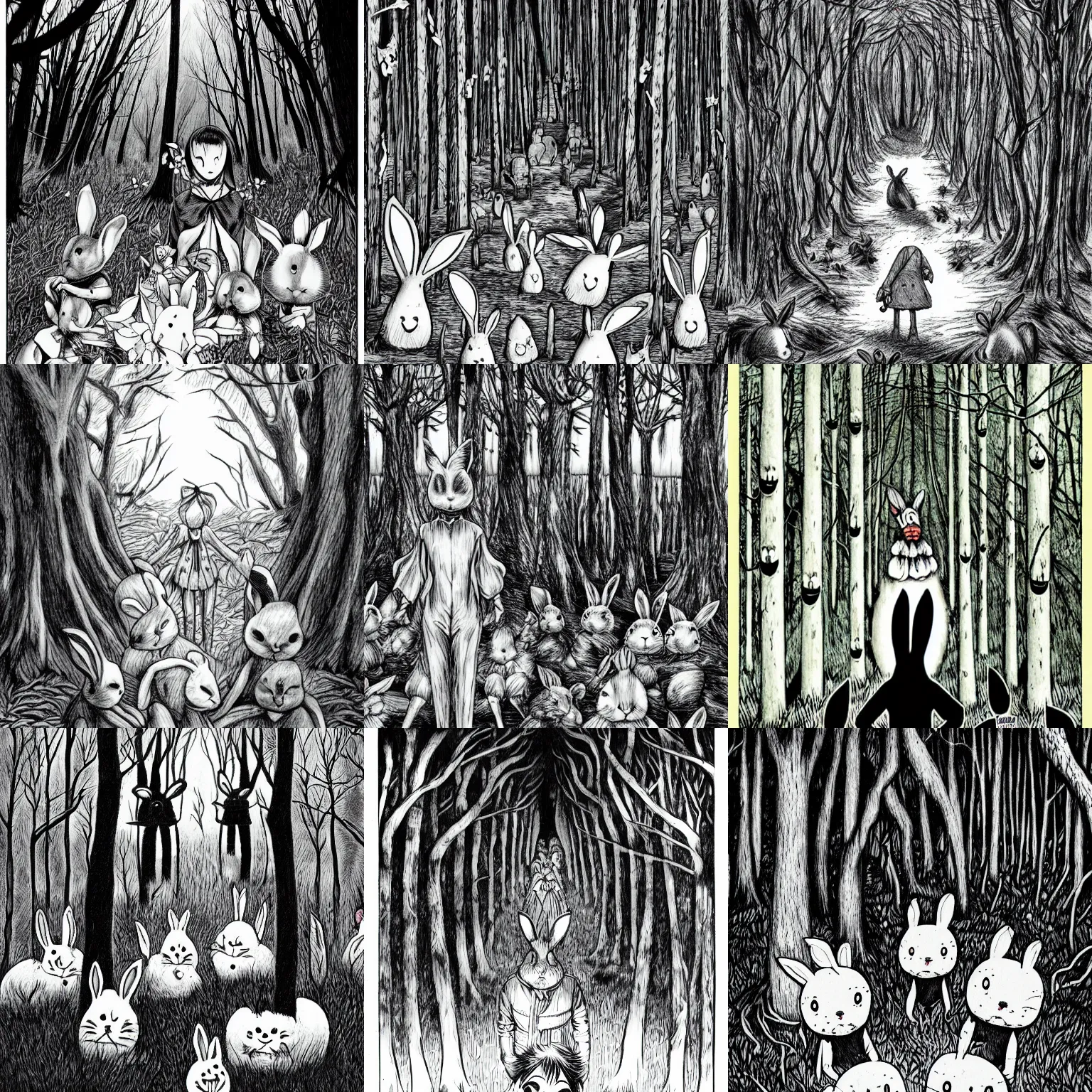 Prompt: A forest with bunnies, horror, creepy, dark, manga, hq, pencil, inspired by junji ito, superior quality, masterpiece