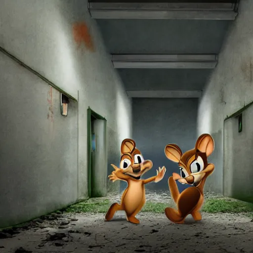 Image similar to Chip and Dale in liminal space, unsettling interior, hyperrealistic, feeling lost in an abandoned building, clean, unreal vision