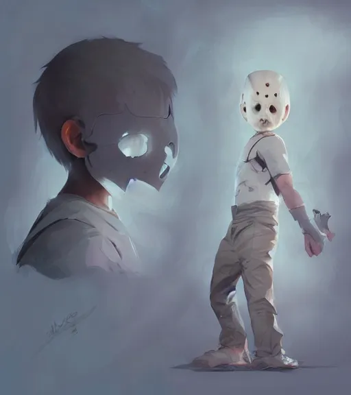 Image similar to beautiful little boy character inspired by jason voorhees, art by rossdraws, wlop, ilya kuvshinov, artgem lau, sakimichan and makoto shinkai, concept art, anatomically correct, extremely coherent, realistic, smooth hd