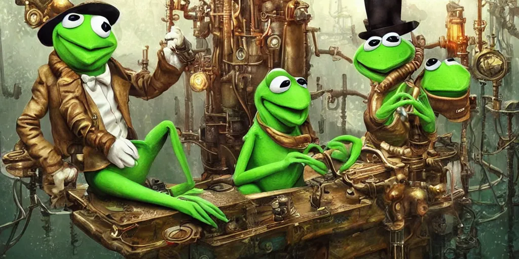 Image similar to digital art, trending on artstation, pin ups of kermit the frog in an underwater steam punk world