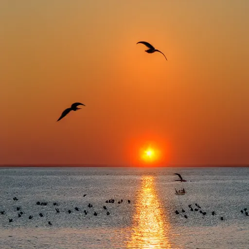 Image similar to A hand-drawn sailboat circled by birds on the sea at sunrise