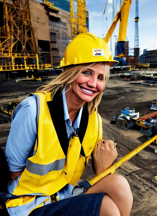 Image similar to closeup portrait of cheerful cameron diaz as a crane operator, yellow hardhat, sitting in a crane, natural light, bloom, detailed face, magazine, press, photo, steve mccurry, david lazar, canon, nikon, focus