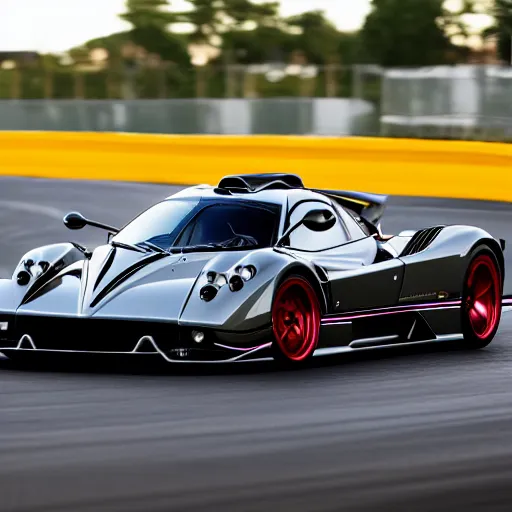 Image similar to pagani zonda on a street race track, motion blur, 3 0 0 mm photography, car photography, clean lines, realistic